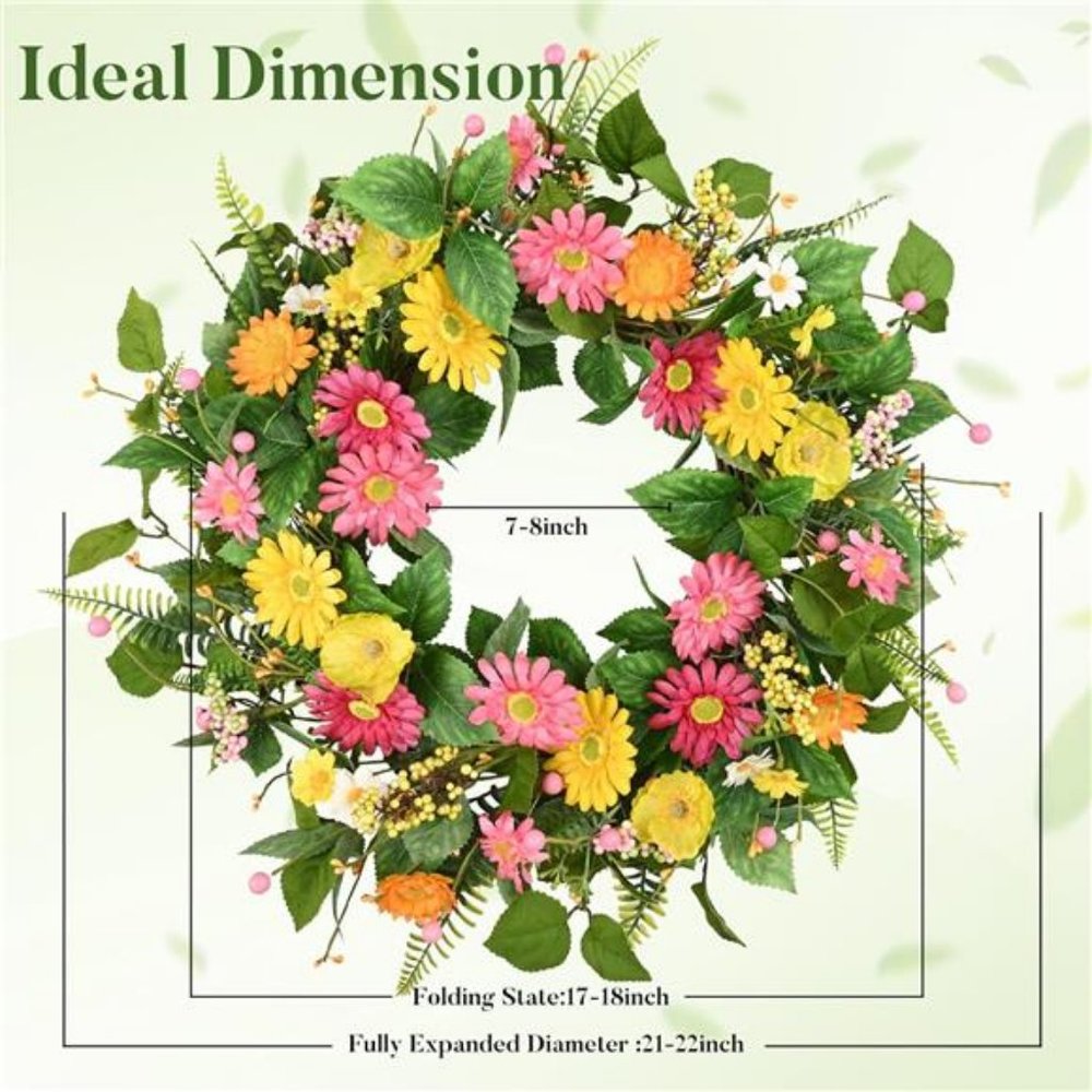 Spring Wreaths for Front Door, 22'' Summer Front Door Wreath with Daisy Flowers - Picture 6 of 7